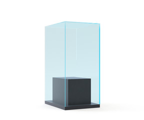 3d Empty glass showcase for exhibit. gray background