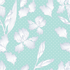 Fototapeta premium Floral seamless pattern with hand drawn iris flowers. Summer floral background on polka dots. Seamless background for textile, paper, decoration and wrapping