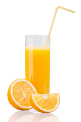 Orange juice and slices of orange isolated on white