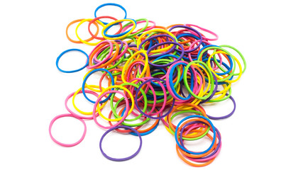 Multi color rubber elastic bands on white background