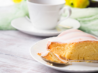 Bundt cake with sugar frosting. Spring breakfast set. Easter festive treat