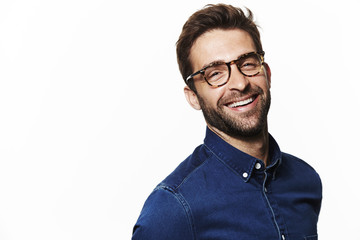 Laughing in blue shirt guy, portrait