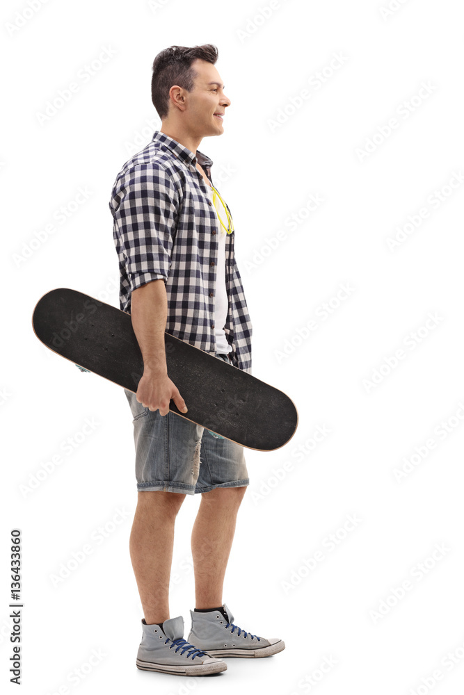 Poster Skater holding a skateboard and waiting in line