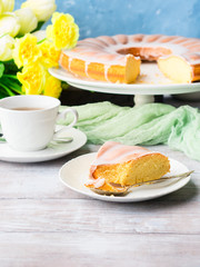 Bundt cake with sugar frosting. Spring breakfast set. Easter festive treat