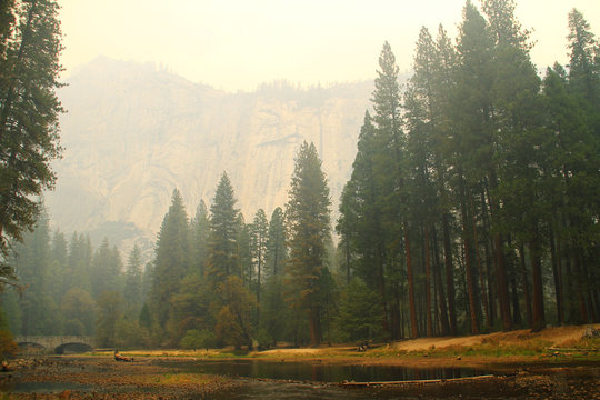 Foggy Atmospheric Yosemite River & Mountain Landscape