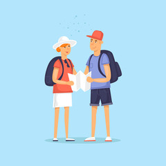 Couple of tourist together on a trip. Character design. World Travel. Planning summer vacations. Flat design vector illustration.