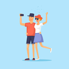 Couple of tourist together on a trip. Selfi-es. Character design. World Travel. Planning summer vacations. Flat design vector illustration.
