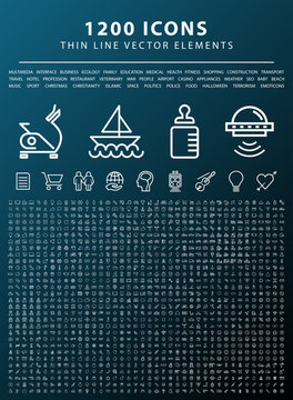 Set of 1200 Universal and Standard White Icons on on Dark Background ( Isolated Elements )