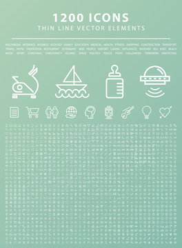 Set of 1200 Quality Universal Standard Minimal Simple White Thin Line Icons on Green Background