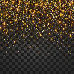 Vector festive illustration of falling shiny particles and stars isolated on transparent background. Golden Confetti Glitters. Sparkling texture