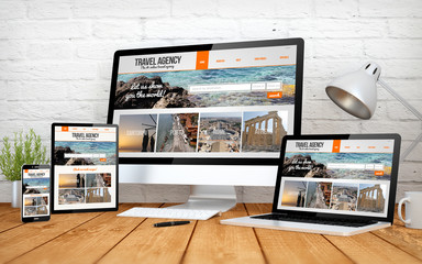 travel agency onlinewebsite screen multidevices - obrazy, fototapety, plakaty