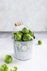 Fresh Brussels sprouts in metal bucket on light gray stone table. Healthy food concept with copy space.