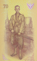 Close up image of Thai King Bhumibol Adulyadej on banknote.