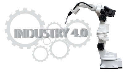 Industry4.0 concept . welding robot of automotive with wireless in smart factory background.