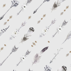 Watercolor boho seamless pattern with teepee, arrows and feather