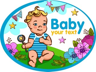 Naklejka premium Baby baby playing with rattle, label