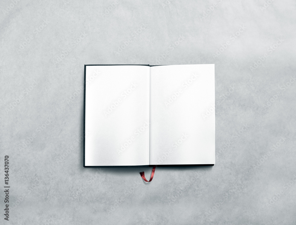 Poster blank opened book spread mock up with white pages. reading empty paperback mockup. black notebook in