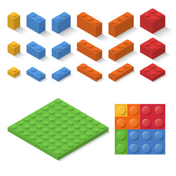 Set of isometric child constructor bricks. vector toy blocks collection. isolated colorful construct elements. build puzzle parts, flat design.
