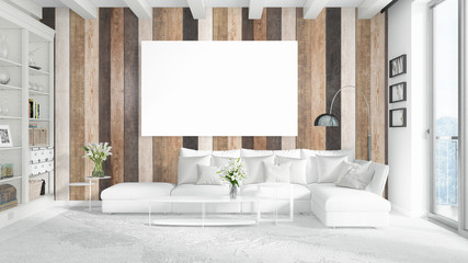 Modern bright interior with empty frame . 3D rendering
