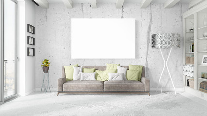 Modern bright interior with empty frame . 3D rendering