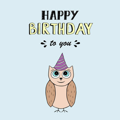 Happy Birthday vector lettering, party illustration with baby owl