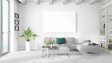 Modern bright interior with empty frame . 3D rendering