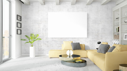 Modern bright interior with empty frame . 3D rendering