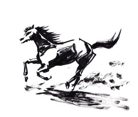 Horse running chinese brush painting, artistic caligraphy