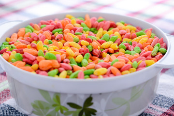 Puffed crispy colorful rice in the bowl