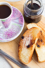 raspberry jam, toast and coffee top view