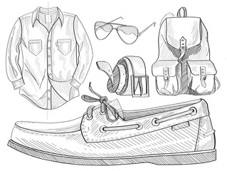 Set of male clothes and male boat shoe with laces, vector, illustration