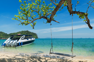 Wooden swing chair hanging on tree near beach at island in Phuke