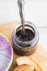 raspberry jam, toast and coffee closeup