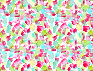 Seamless background pattern with pink, bright green and turquoise blue brush strokes, smears and dots painted in watercolor