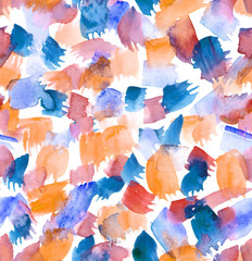 Seamless background pattern with orange, blue and purple brush strokes, smears and dots painted in watercolor