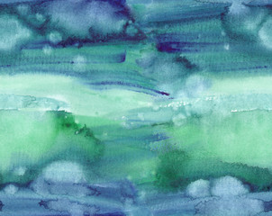 Seamless background pattern with dark blue and emerald green blots and stains painted in watercolor