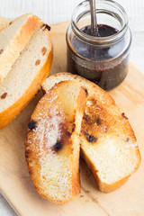 breakfast of toast and jam on white background