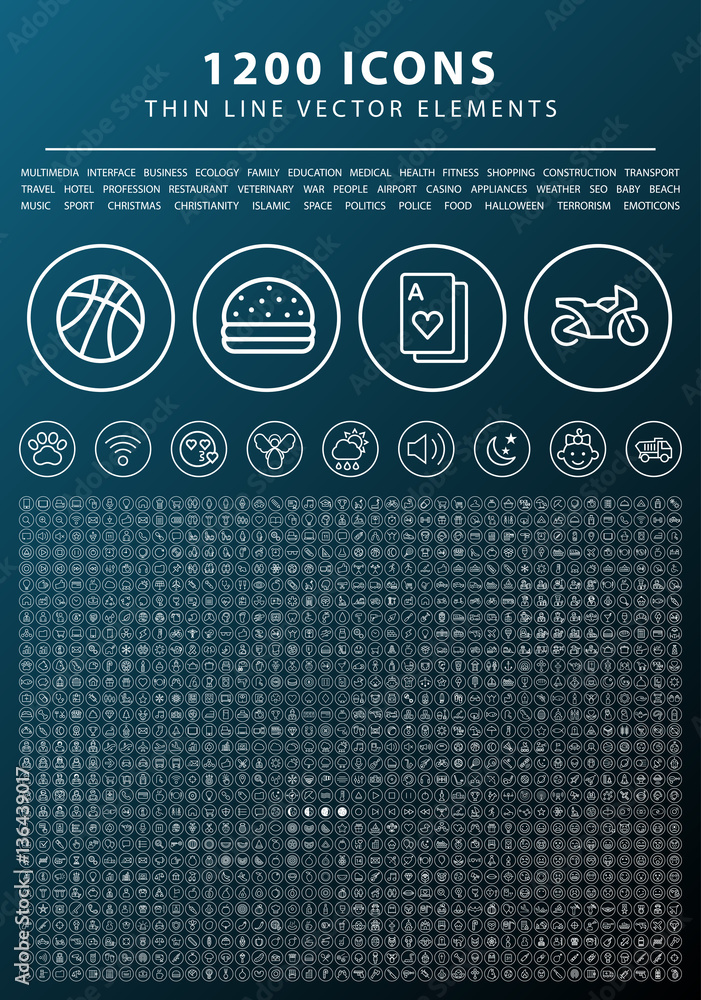 Poster set of 1200 universal and standard white icons on circular buttons on dark background ( isolated ele