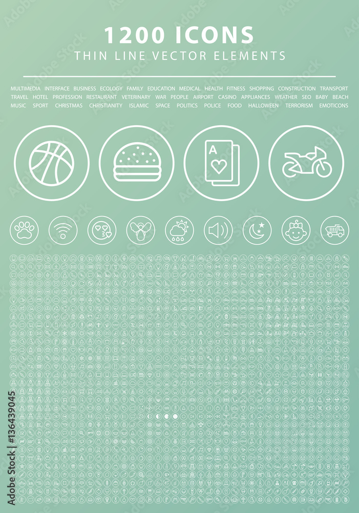 Poster set of 1200 quality universal standard minimal simple white thin line icons on buttons on green back