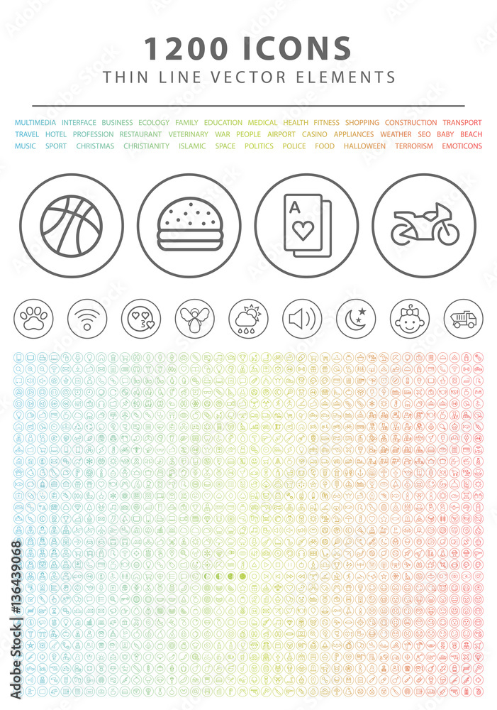 Poster set of 1200 universal and standard white icons on circular buttons on white background ( isolated el