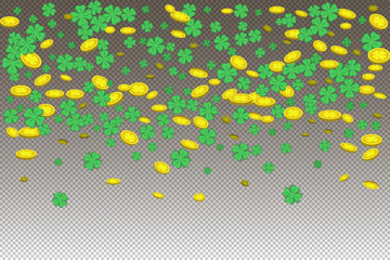 vector illustration of the rain luck gold coins and four-leaf clover on a transparent background