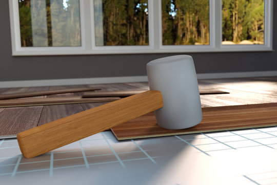 3d rendering of hammer laying on laminate panels