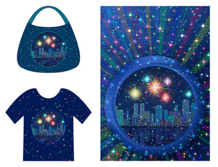 Holiday Background, Round Porthole Window on Blue Wall with Night City Landscape, Skyscrapers, Fireworks and Place for Text, Presented in Tank Top and Handbag. Eps10 Vector