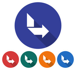 Round icon of orthogonally curved arrow. Flat style illustration with long shadow in five variants background color