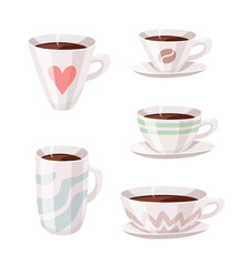 Set of Cartoon Style Coffee Cup. Vector Illustration Hand Drawn Caffeine Drinks