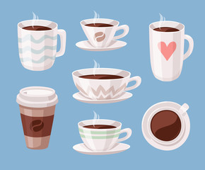 Set of Cartoon Style Coffee Cup. Vector Illustration Hand Drawn Caffeine Drinks