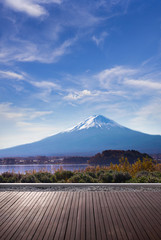 fuji mountain and lake kawaguchiko with blue sky background view