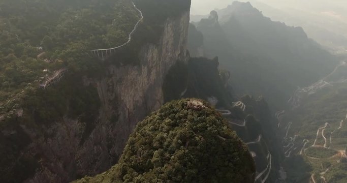 Aerial view of majestic peaks and Tianmen cave of Tianmen mountain national park, Hunan province, China