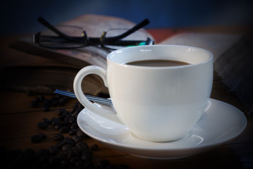 Hot coffee in a white cup