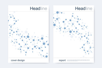 Scientific brochure design template. Vector flyer layout, Molecular structure with connected lines and dots. Scientific pattern atom DNA with elements for magazine, leaflet, cover, poster design.